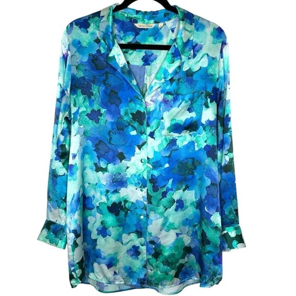 Soft Surroundings Palais Silk Floral Watercolor Print Button Down Shirt Large - Picture 1 of 7
